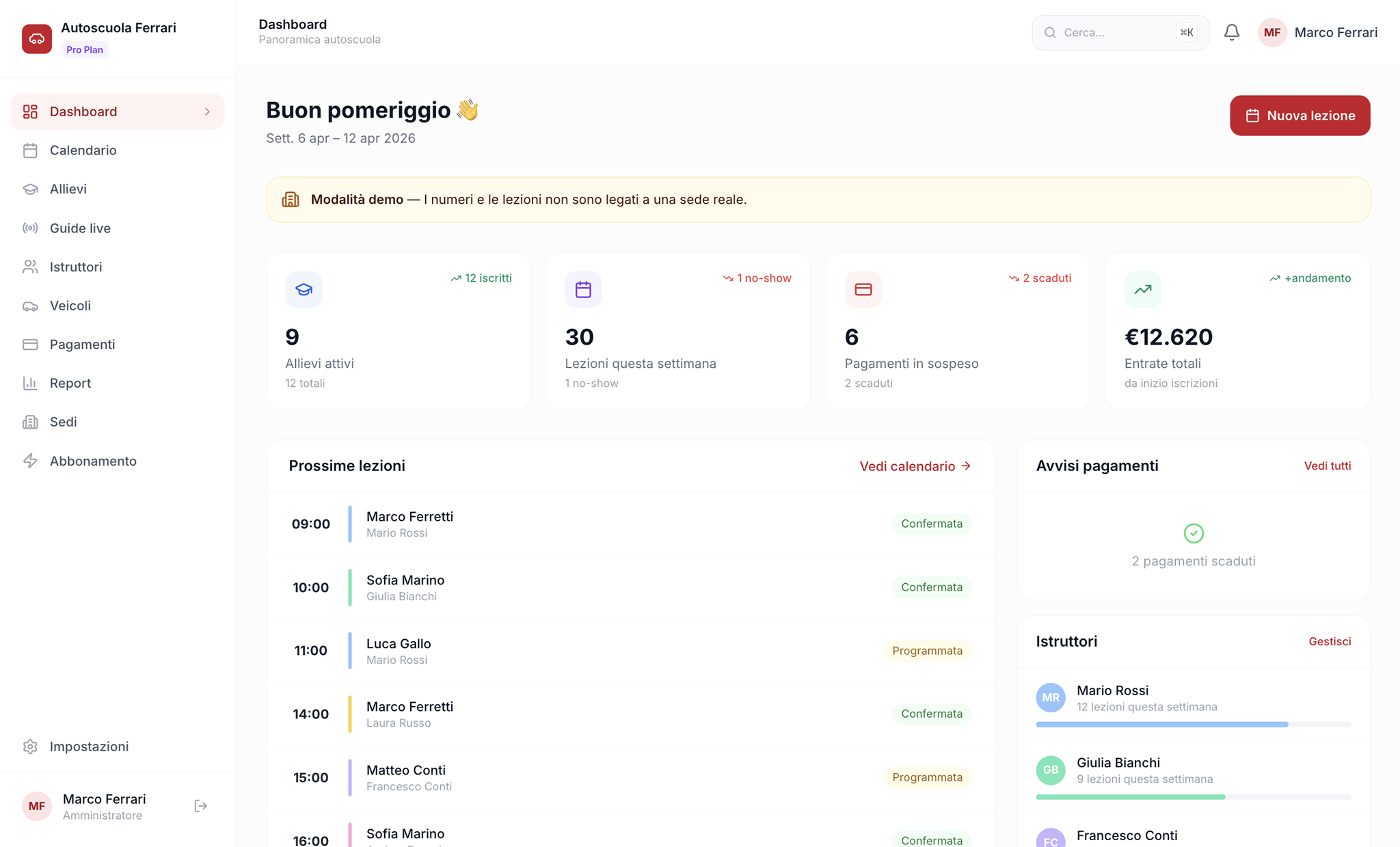 Anteprima dell’interfaccia GuidaFlow — dashboard autoscuola