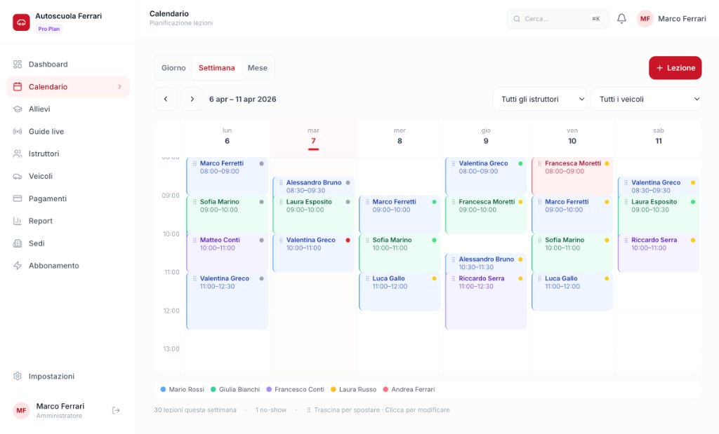 Calendario lezioni GuidaFlow — vista settimanale e pianificazione